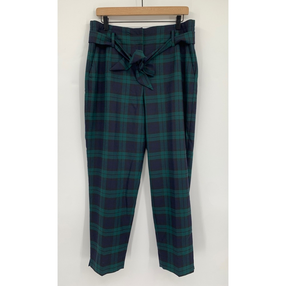 Talbots Pants 10 Green Blue Plaid Wool Blend Belted Bow Holiday Trouser NEW